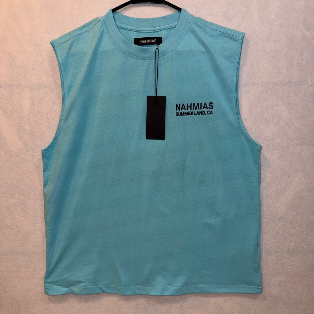 NAHMIAS Sleeveless T‎ Shirt Aqua Blue Summerland CA Graphic Print Mens Size S